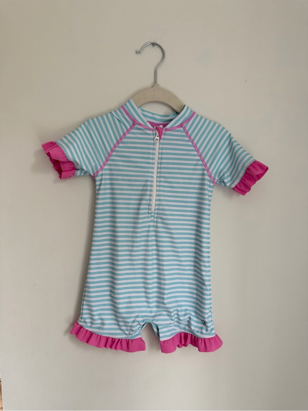 Ripzone Striped Rash Guard Swimsuit with Pink Ruffle Trim (Size 12-18m)